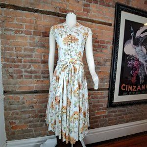 Petticoat Lane Fit & Flare Dress Tropical City Print White Green Orange Size 4